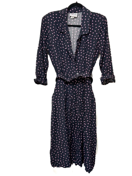 Vintage Dresses & Skirts - Vintage Black Pink Floral Dress Retro Belted Rayon The Traveler by Connie Sz 14